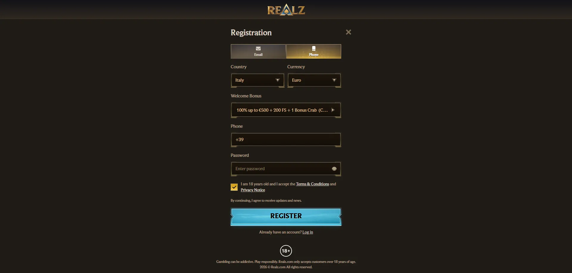 Registrazione account Realz Casino Italia — crea il tuo account ora
